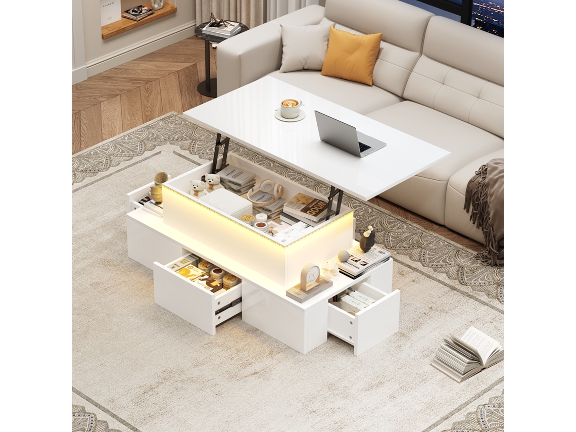 Mesa de centro elevable con 4 cajones, iluminación LED y espacio de almacenamiento oculto, MDF blanco, MOBRIO (100 x 50 x 40 cm)
