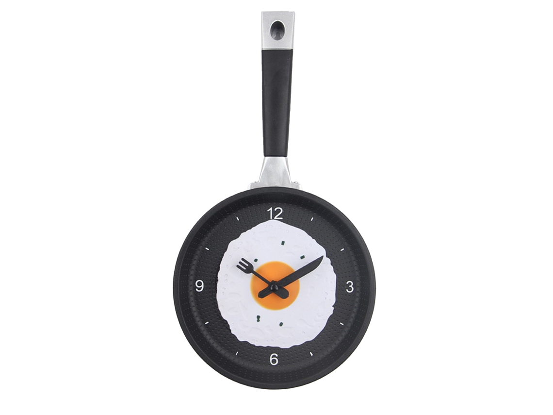 Reloj de pared Silent Baok con forma de sartén para huevos fritos, fabricado en ABS y alimentado por pilas, ideal para la cocina, el dormitorio y el salón. Color negro.