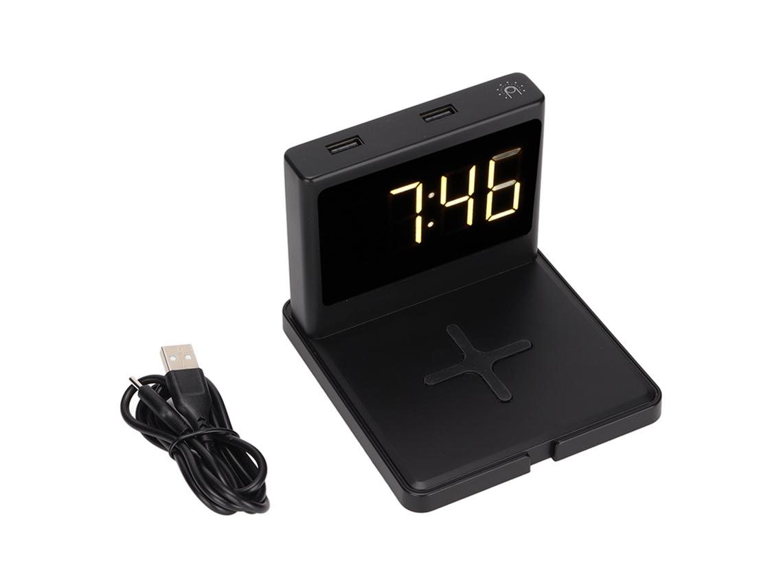 Base De Carga Inalámbrica 3 En 1 Con Reloj Digital, Alarma, Función De Repetición Y Pequeño Ventilador Negro Para Teléfonos Móviles Y Tabletas.