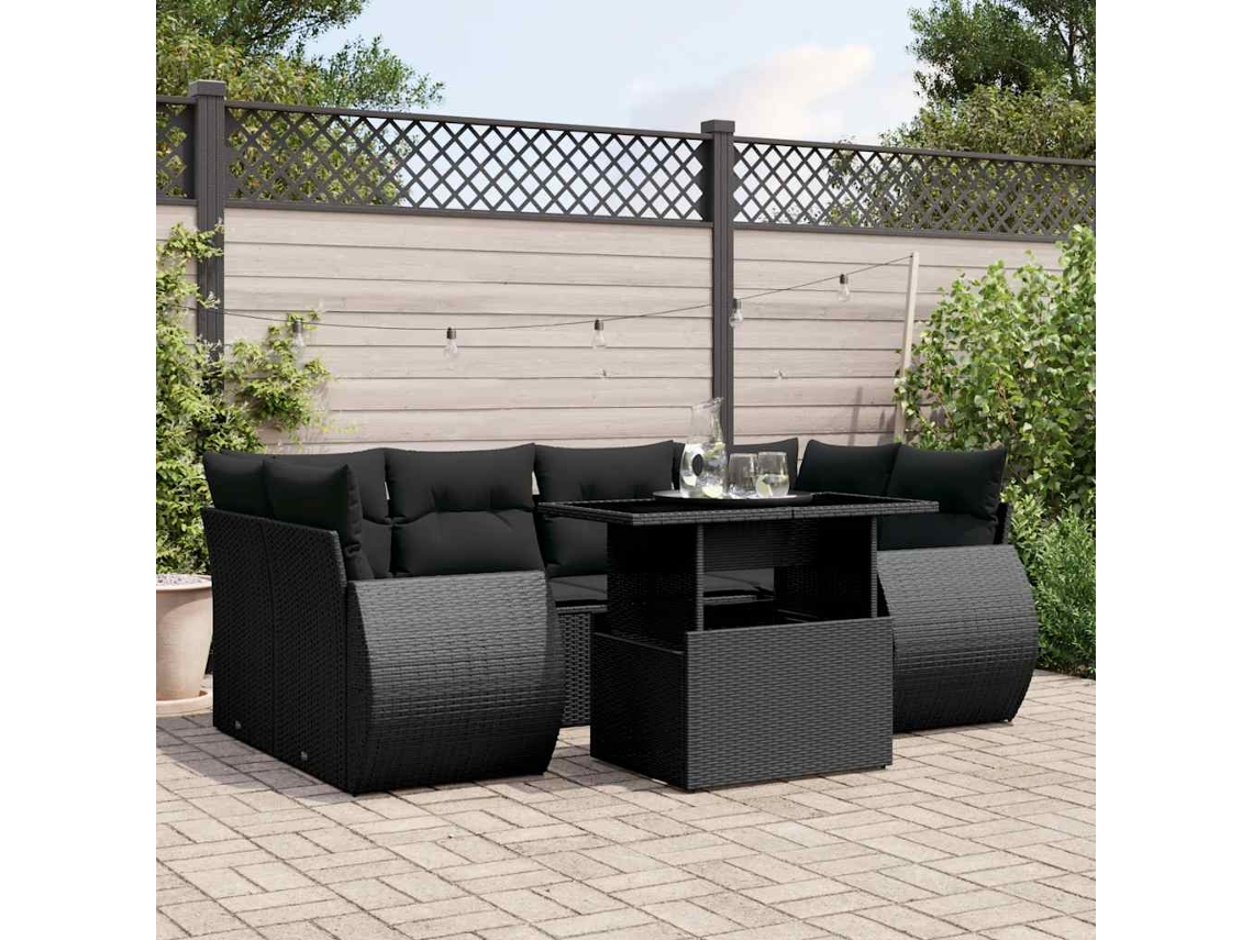 Conjunto de sofá de jardín de 7 piezas con cojines de mimbre negro de DKD Home Decor