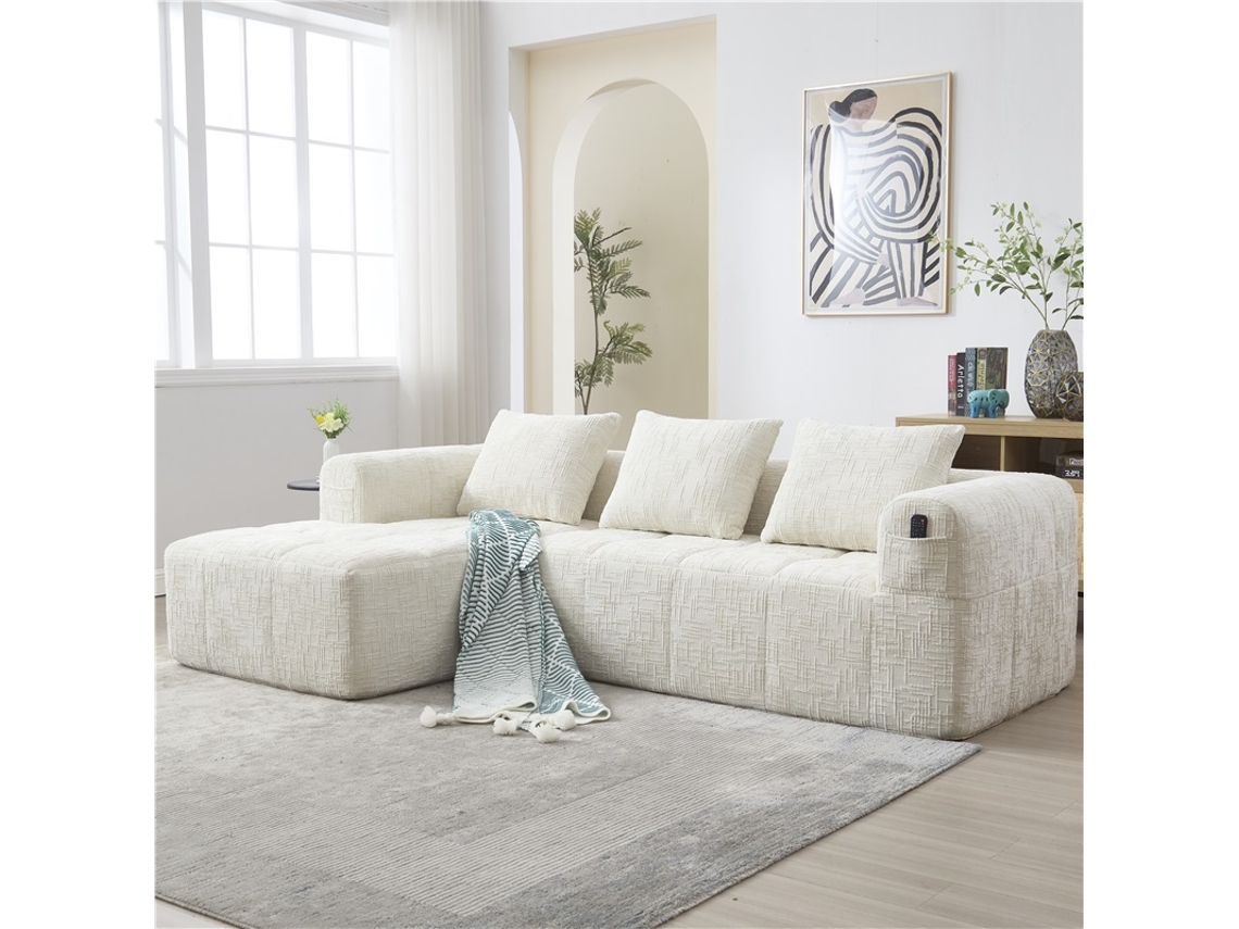 Sofá L Modular 3 Plazas Chenilla Chaise Longue Reposabrazos 3 Cojines Beige