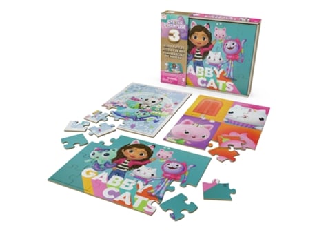 Puzzle SPIN MASTER Games La casa de muñecas de Gabby, 3 rompecabezas de madera de 12 piezas, Rompecabezas de 16 piezas con caja de almacenaje de ma...