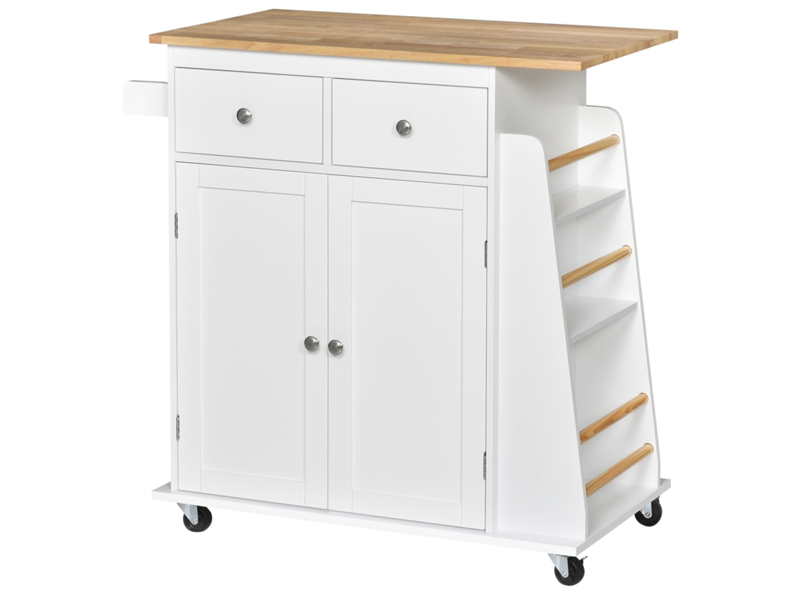 Carrito Isla De Cocina Con Encimera, Estante, Botellero, Toallero, 2 Cajones, Armario De 2 Puertas, Mdf De Madera De Caucho Blanca.