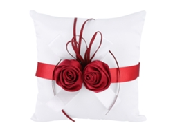 Elegante Cojín Blanco Para Anillos Con Decoración De Rosa Artificial Y Cinta - Accesorio De Boda