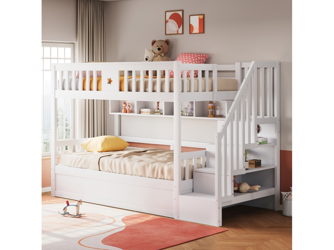 Cama De Madera De 90x200 Con Escalera Hidráulica Y Estantes De Almacenamiento Blancos