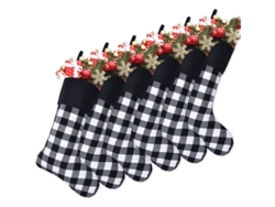 6 Calcetines Navideños A Cuadros Blancos Y Negros Con Puños Negros, De 45 Cm (18 Pulgadas), Para Colgar En La Chimenea.