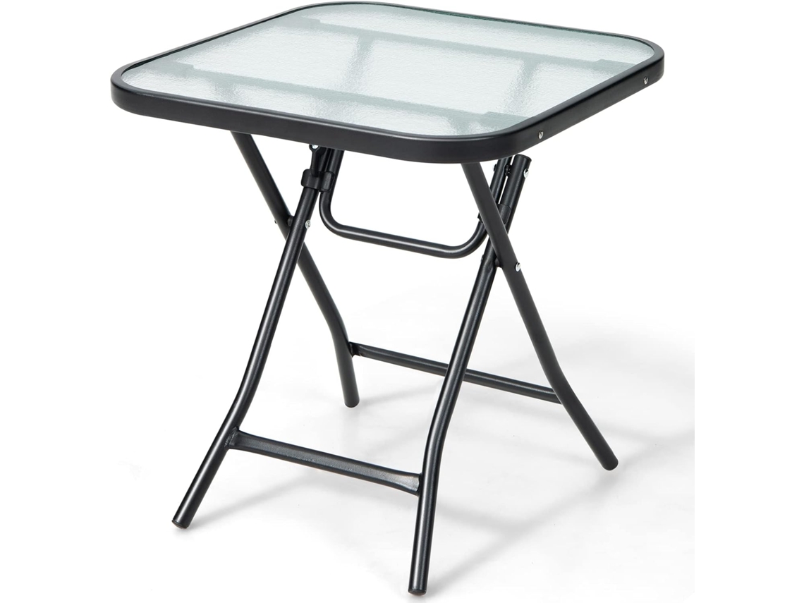 Mesa Cuadrada Plegable para Jardín, Marco Antioxidante, Mesa Plegable con Tapa de Cristal Templado, Mesa Portátil para Patio COSTWAY