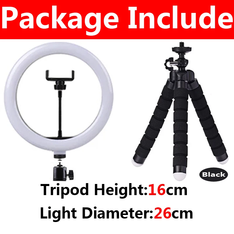 Anillo de luz LED regulable para selfies de 26 cm con trípode y soporte para teléfono para maquillaje en vivo de YouTube - 1 pieza A-26 cm Negro