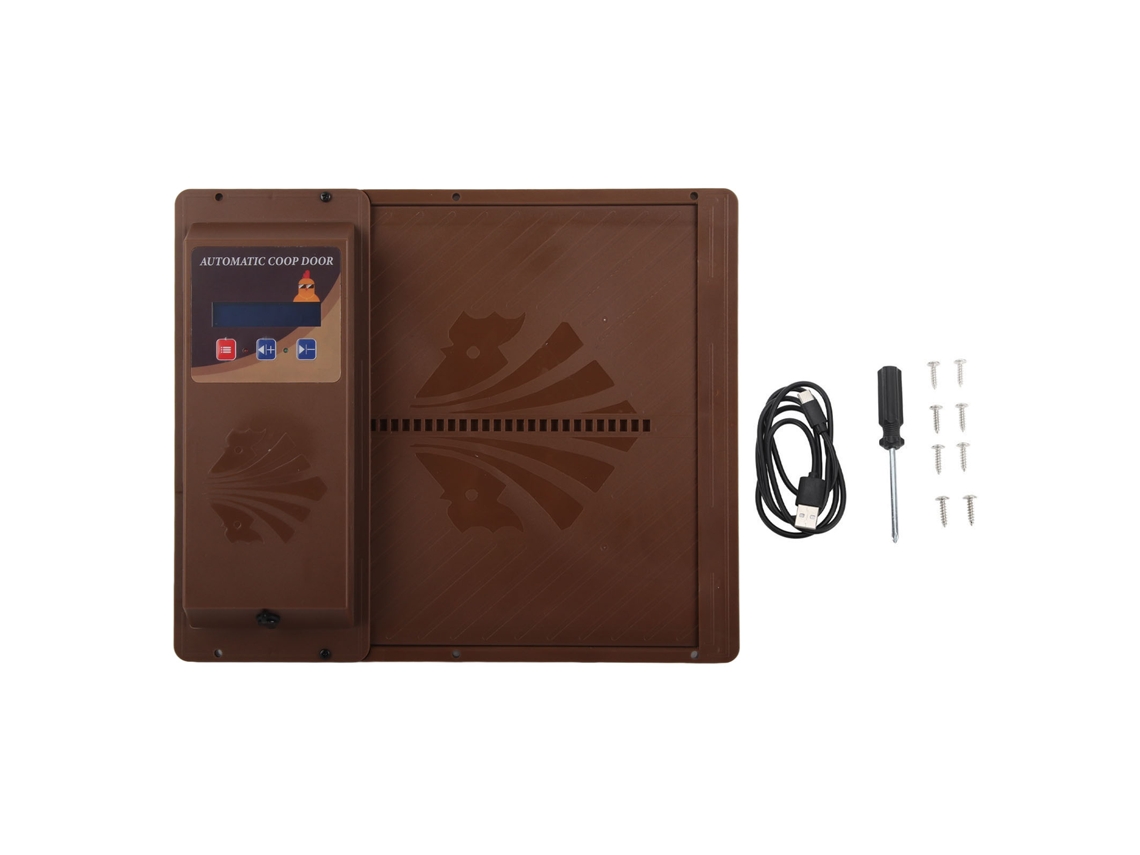 Puerta automática para gallinero con apertura horizontal USB y temporizador marrón