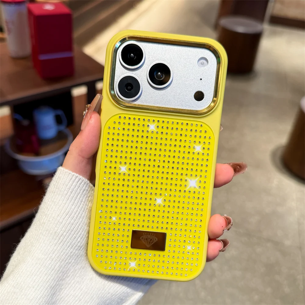 (iphone17, Amarillo) Caso De Teléfono Flash Chica Con Diamantes Para Iphone, Caso A Prueba De Golpes