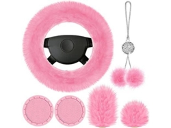 Kit De Accesorios Para Coche Con Diseño Esponjoso Que Incluye Funda Para El Volante, Freno De Mano, Palanca De Cambios, Espejo Retrovisor Y 2 Reposapiés Brillantes.