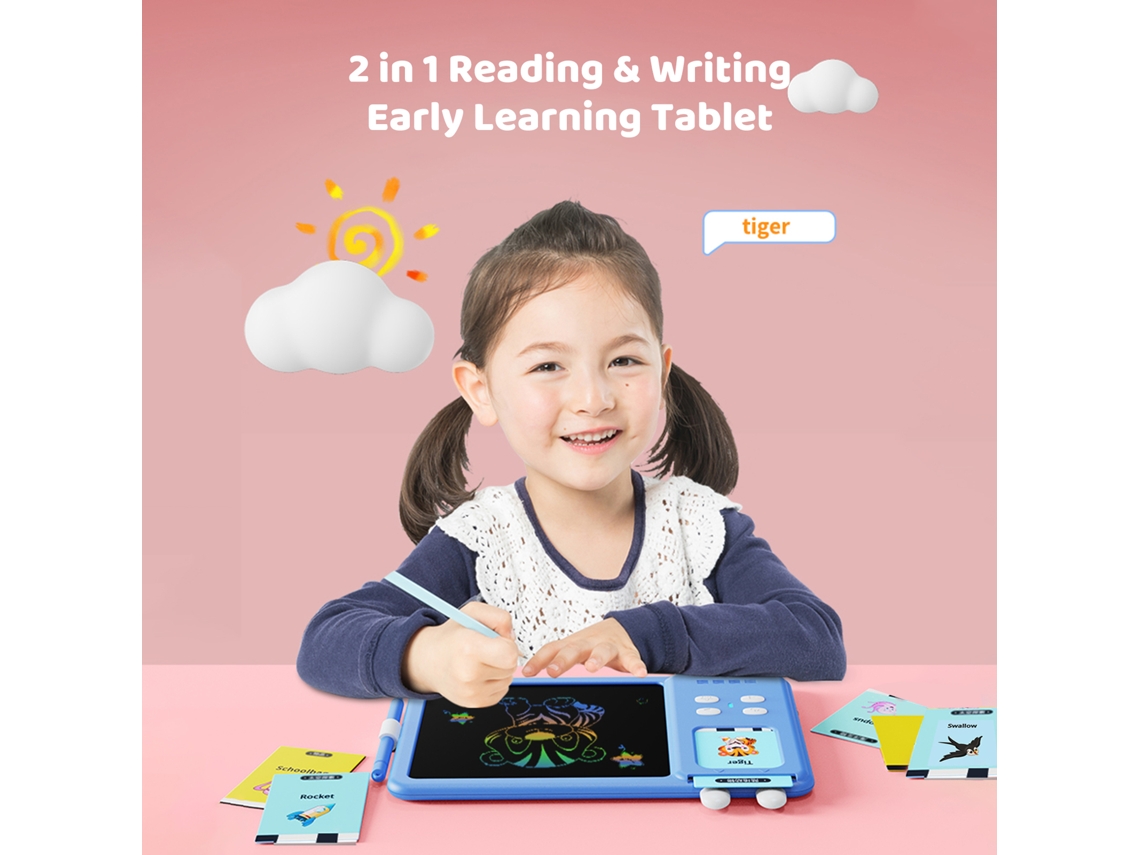 Tableta LCD para niños con tarjetas parlantes y 224 palabras en azul.