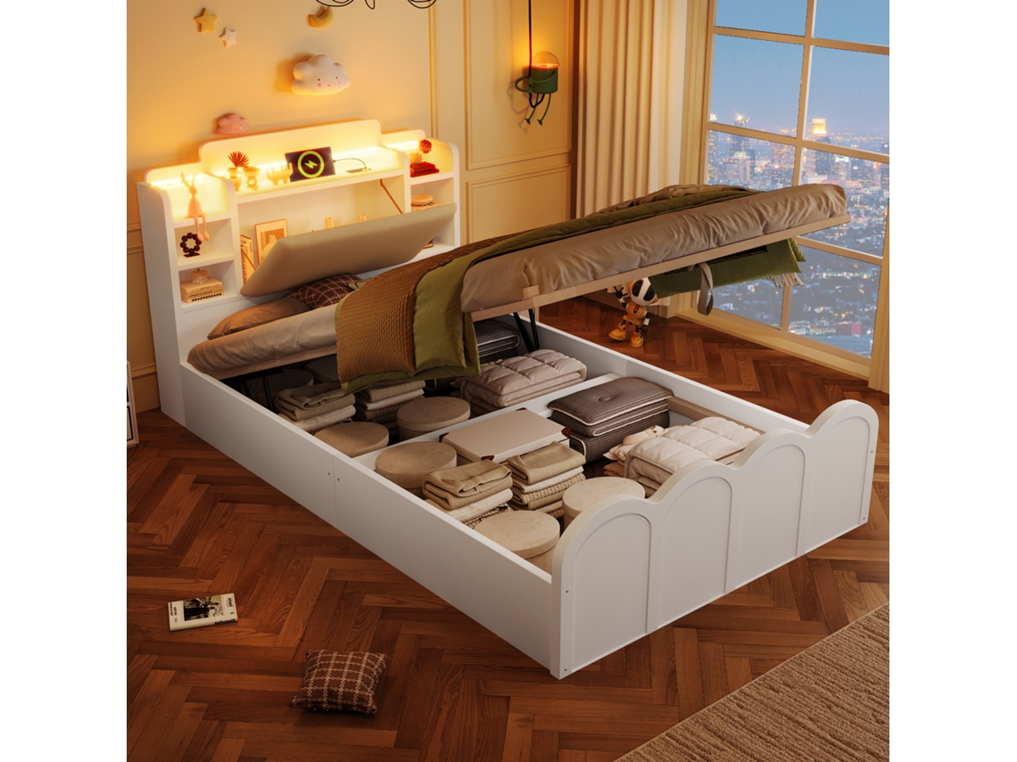 Cama Con Plataforma Hidráulica De 90x200 Cm, Led, Usb C Y Almacenamiento Multifuncional.