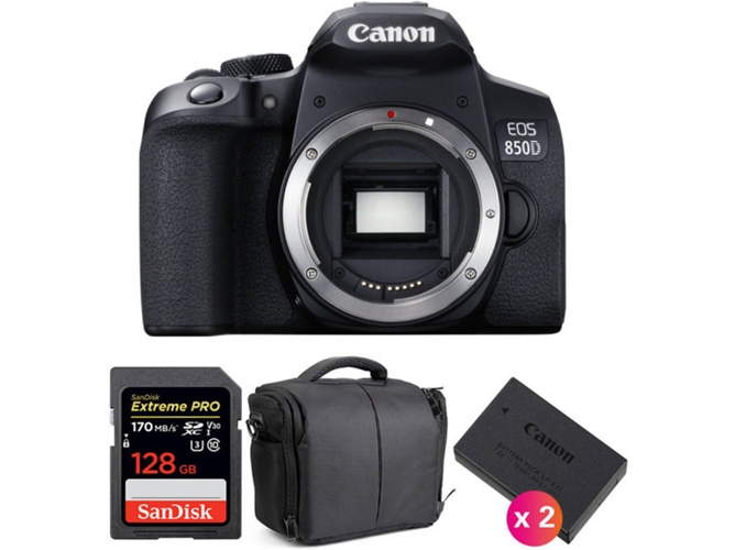 Kit Cámara Réflex CANON EOS 850D + SanDisk 128GB + 2 LP-E17 + Bolsa