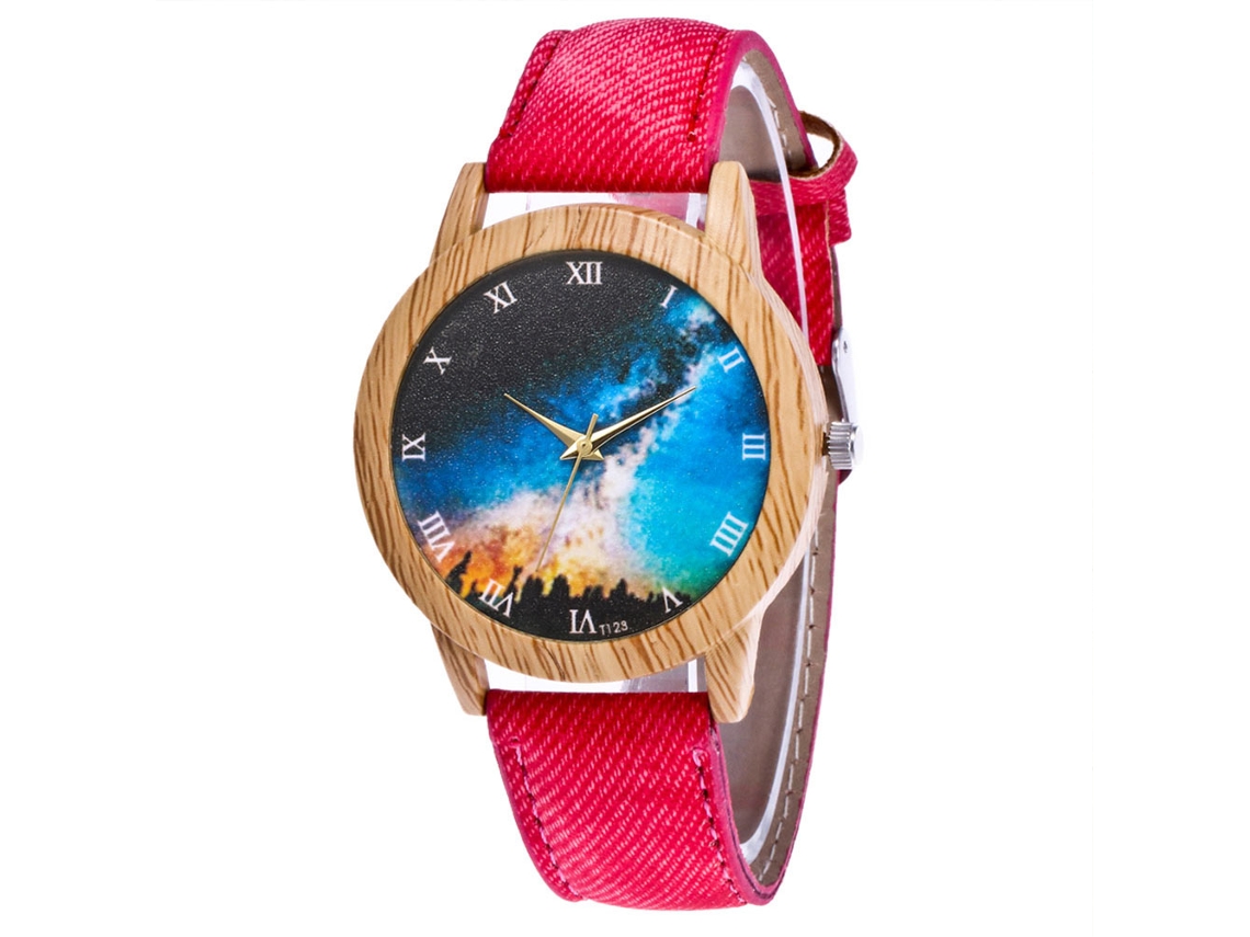 Reloj De Pulsera Unisex Zhoulianfa, Diseño De Cielo Nocturno, Cuarzo Vaquero, Rojo.