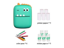 Mini Impresora Portátil Little Dinosaur Verde 5 Rollos De Papel De Impresión 5 Rollos De Pegatinas Bolígrafos De Colores SIURN