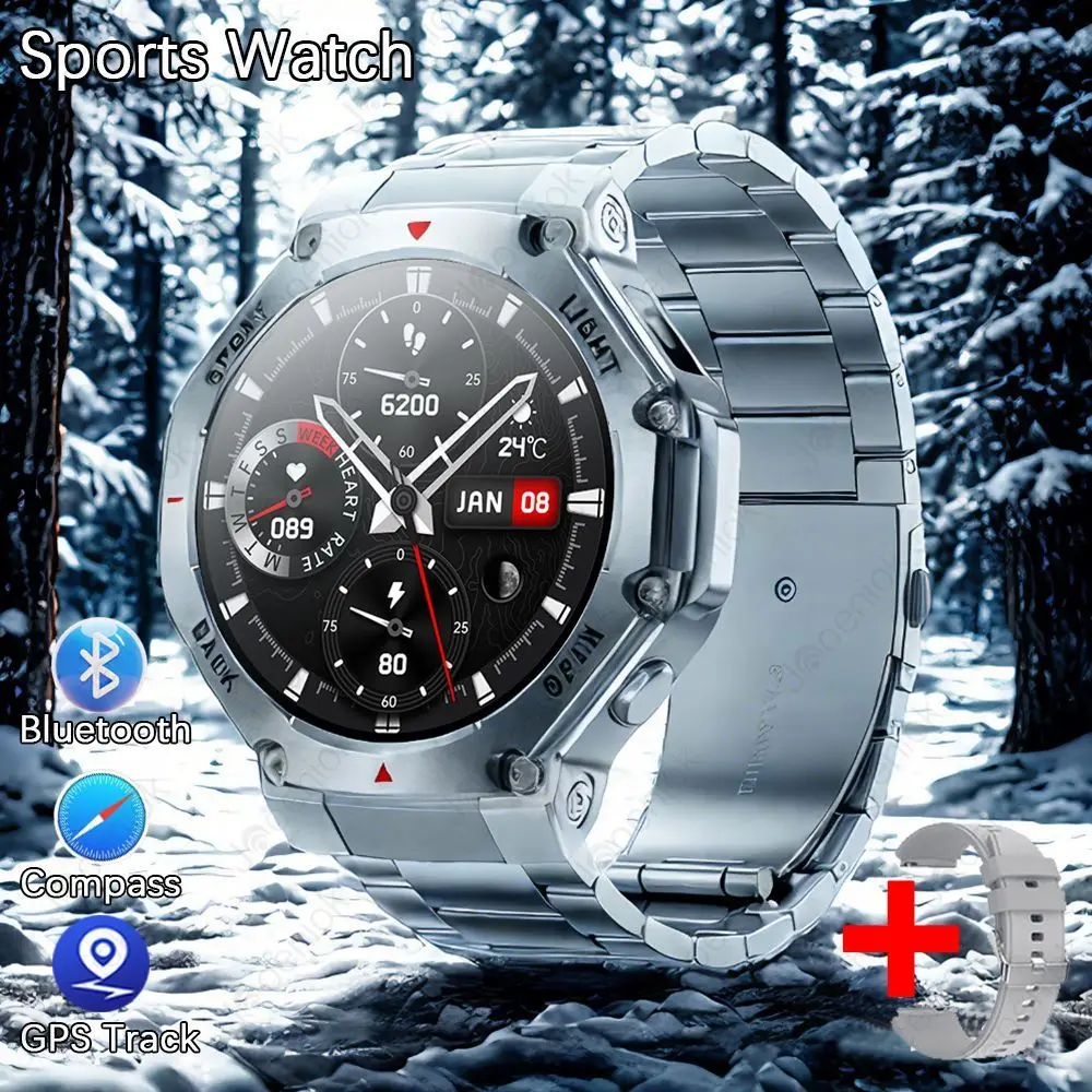 Reloj inteligente con GPS, pantalla Ultra HD, brújula, resistente al agua, llamadas Bluetooth, MDUG (acero plateado)