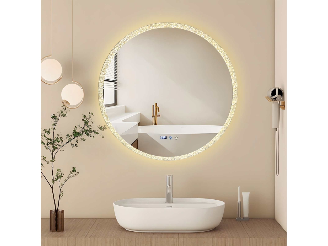 Espejo De Baño Redondo Led 80cm Marco De Cristal, 3 Temperaturas De Color, Brillo 0-100%, Vidrio Shatterproof