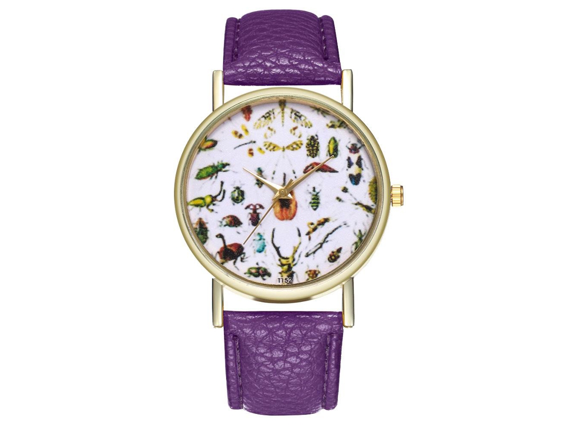 Reloj De Pulsera Unisex Informal Con Estampado De Insectos, Cuarzo De Moda, Morado.