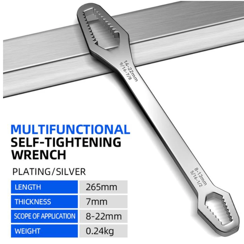 Llave de doble boca, llave ajustable autoajustable, llave de doble boca, herramienta manual para uso industrial.