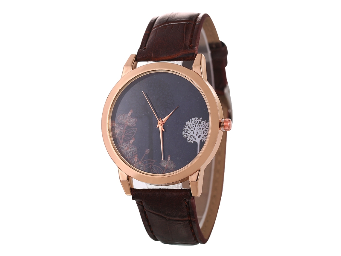 Reloj De Cuarzo Con Correa De Cuero Pu Round Dial Para Parejas Moda Pulsera Café