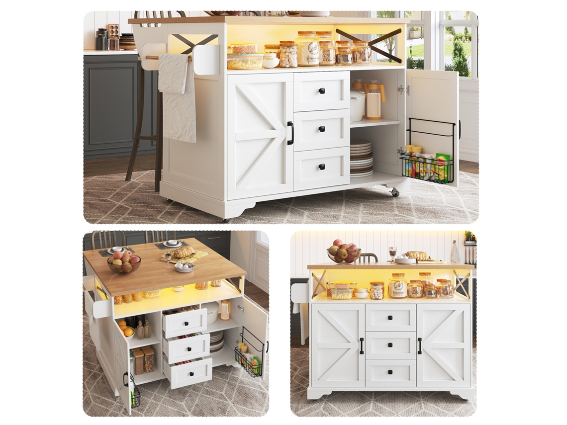 Carrito De Cocina Móvil 90×45×85 Cm - Mesa Plegable, Led, Barra Y Almacenaje - Blanco