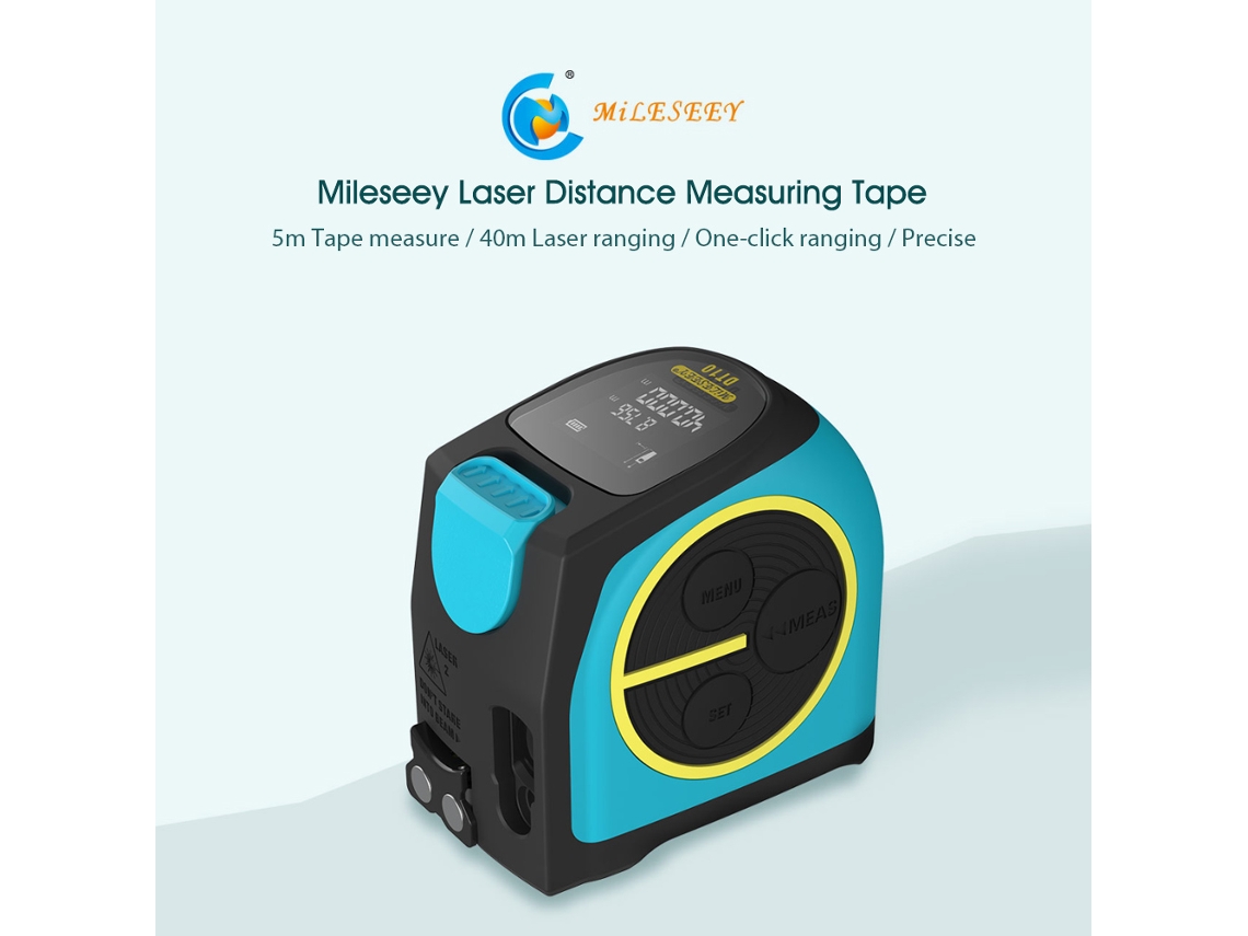 Cinta métrica láser recargable Danu Mileseey con medición en tiempo real, pantalla LED digital y rango de 5 m y 40 m.