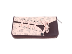 Cartera Larga De Piel Sintética Para Mujer Con Estampado Floral Y Cordón Decorativo Rosa.