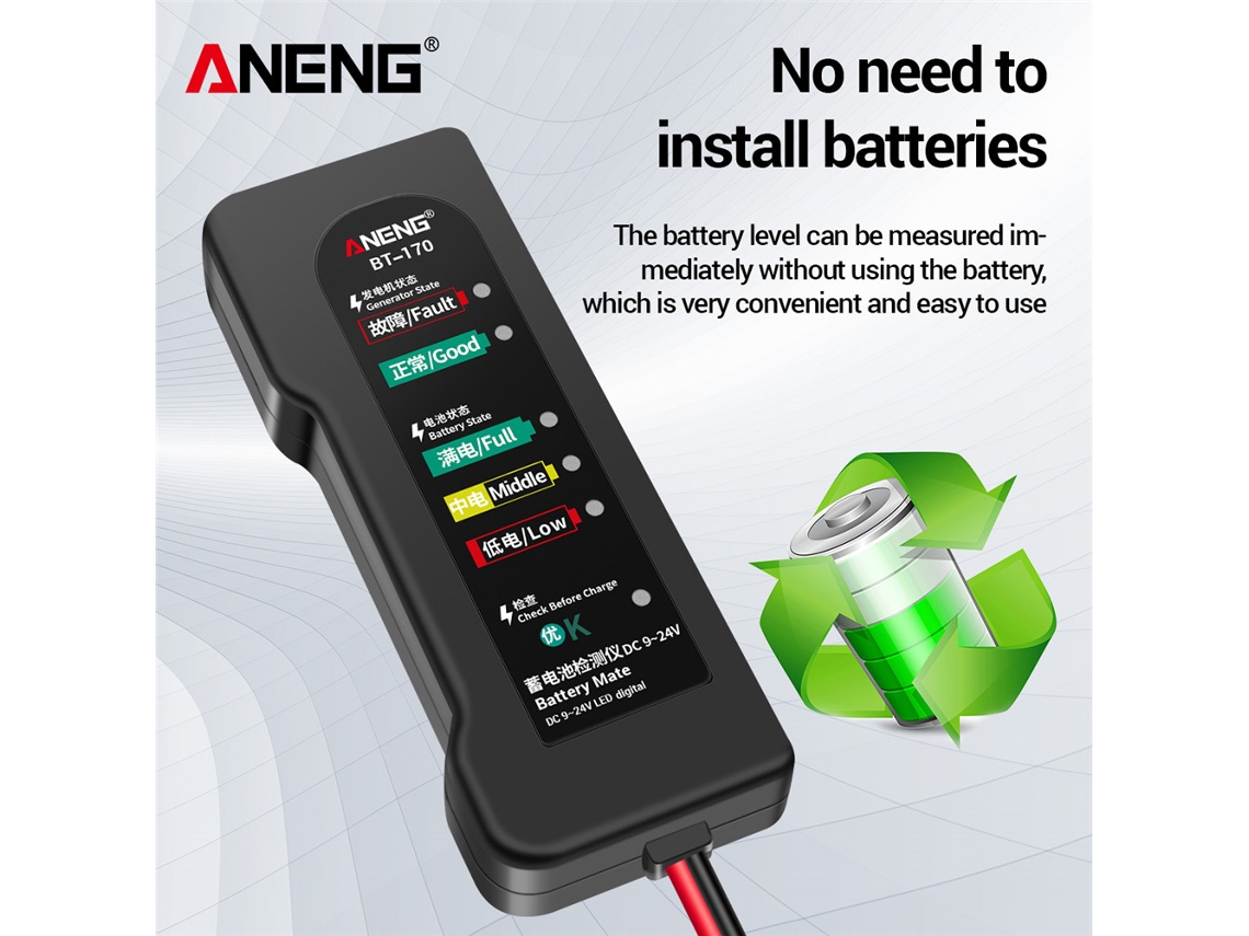 Aneng BT170, comprobador portátil de baterías de 12 V para coches y motocicletas con indicador LED y análisis de fallos.