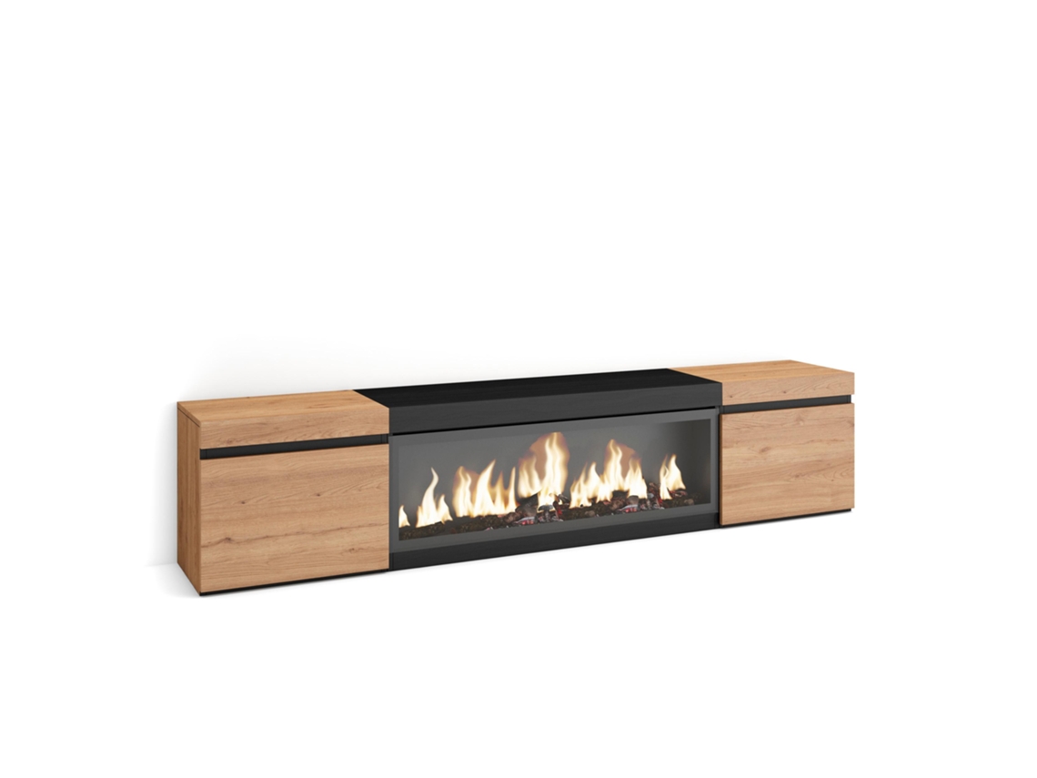Mueble TV, Televisión, 210, Para TV hasta 80, Chimenea eléctrica XXL, Roble y negro SKRAUT HOME