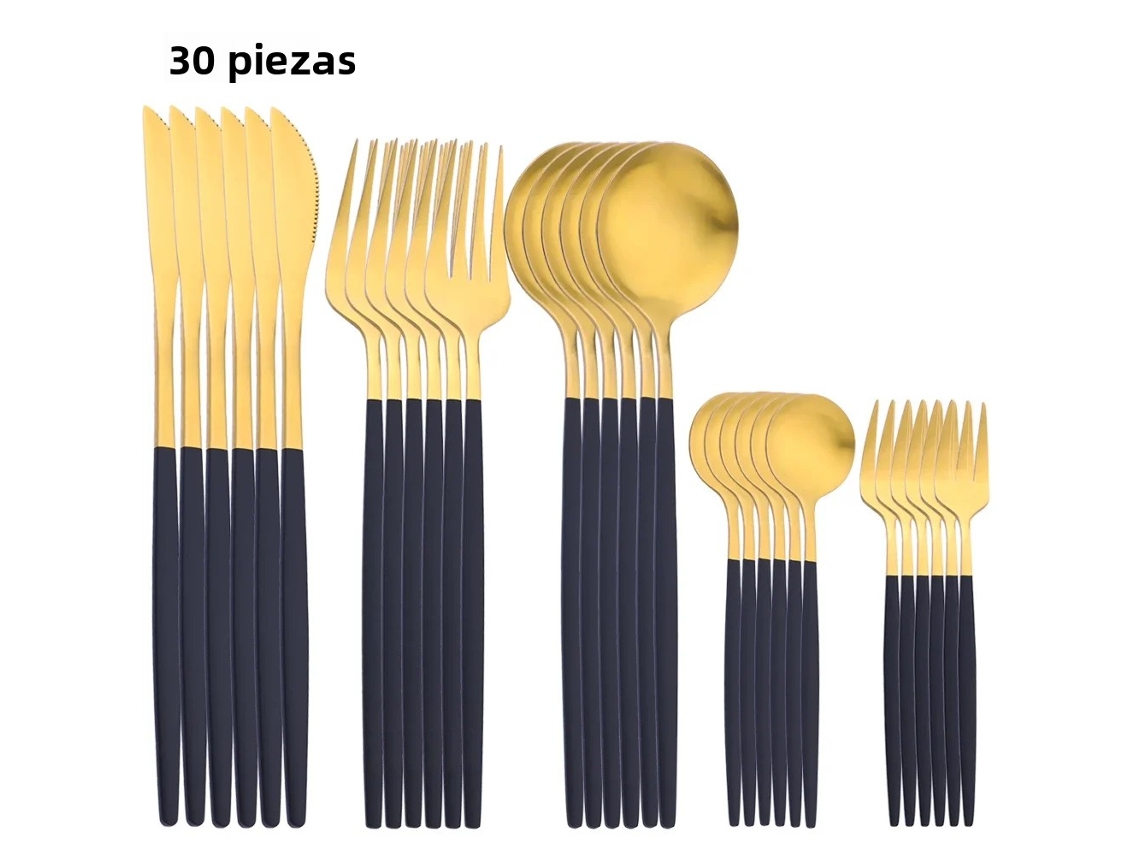 Juego de cubiertos de acero inoxidable de 30 piezas, incluye cuchillo para fruta, cuchara, tenedor y servilleta de cocina. Mdug (Negro Dorado)