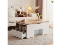 Mesa de centro multifuncional con altura ajustable. El tablero es plegable, ofreciendo un amplio espacio. Un mueble moderno para el salón.