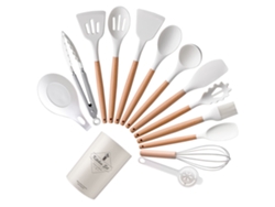 Conjunto de Utensílios de Cozinha 14 Peças Conjunto de Panelas Resistentes Ao Calor de Silicone com Cabo de Madeira Branco 