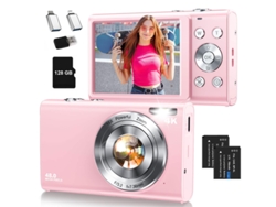 Cámara Digital Compacta Szsmart Dc402, Pantalla Fhd 4k De 2,8 Pulgadas, 48 ​​mp, Zoom 16x, Para Niños (2 Cables Otg, 2 Baterías, 128 Gb) - Rosa