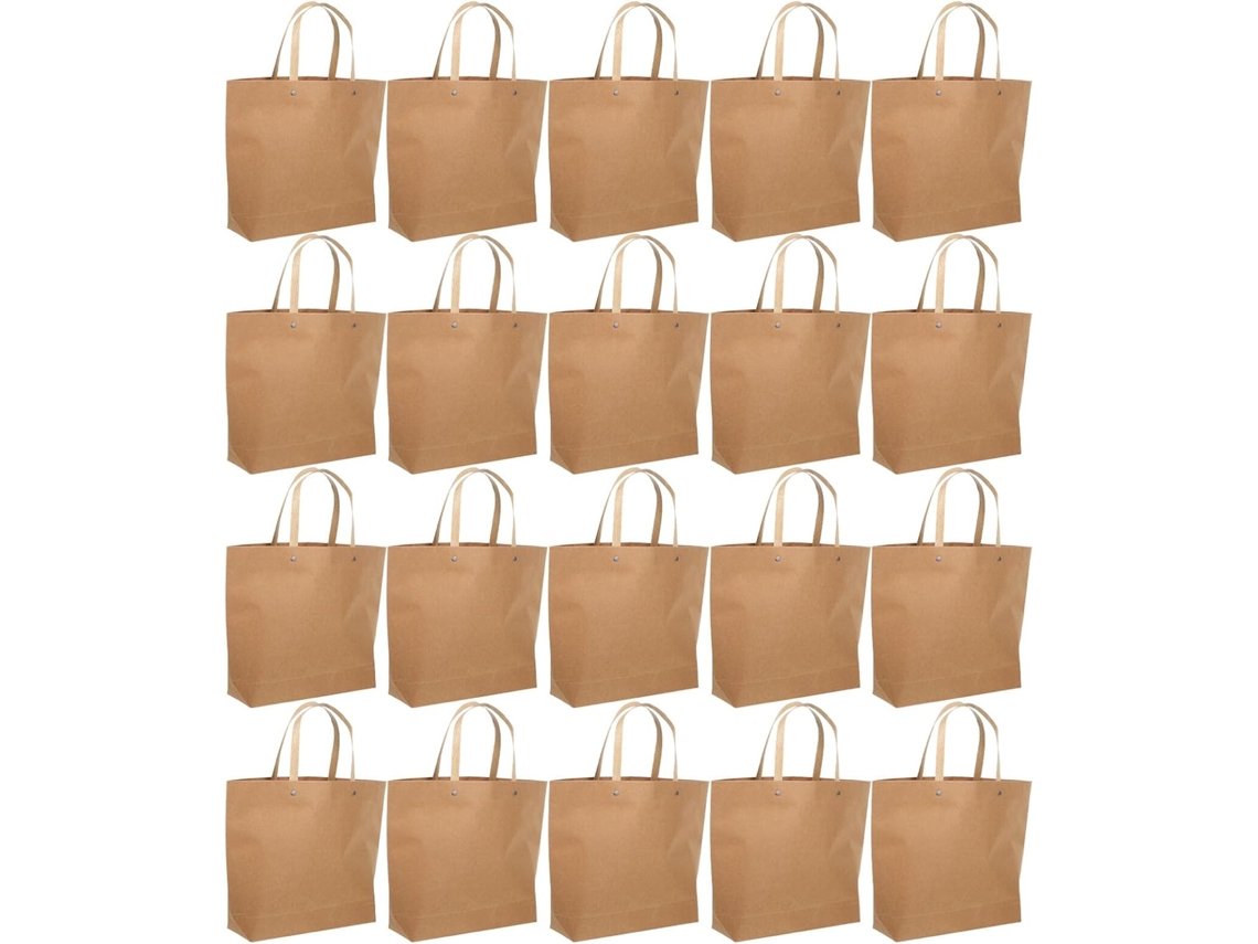 Paquete de 25 bolsas de regalo de papel kraft marrón con asas, tamaño pequeño, reutilizables. SFUSHOS