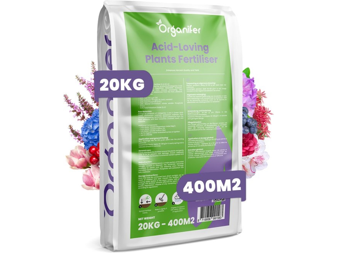 Fertilizante todo en uno para rododendros, hortensias, azaleas y otras plantas acidófilas para 20 kg por 400 m2 Organifer