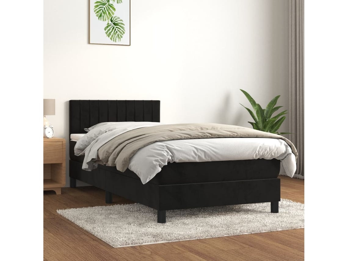 Cama Box Spring Con Colchón Terciopelo Negro 90x200 Cm