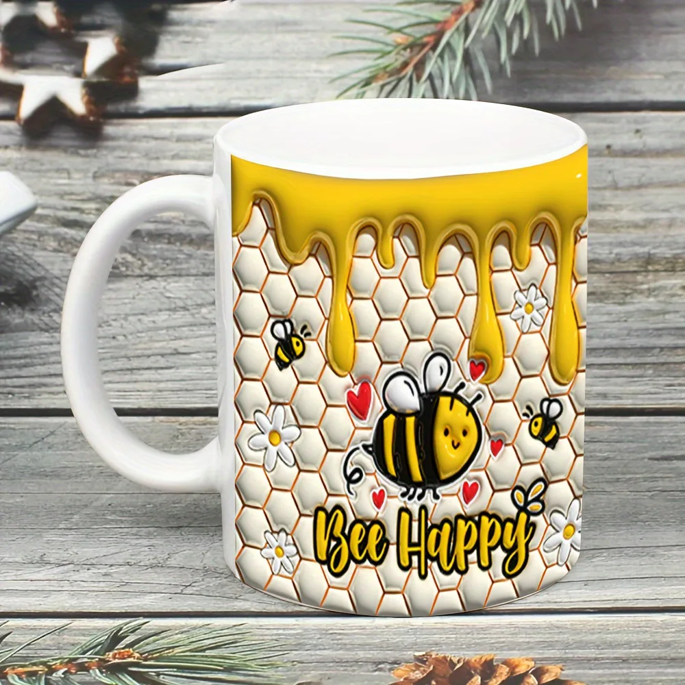 Taza De Cerámica Bee Happy (blanca, 330 Ml), Taza De Té Con Leche 3d, Taza Creativa Para El Desayuno.