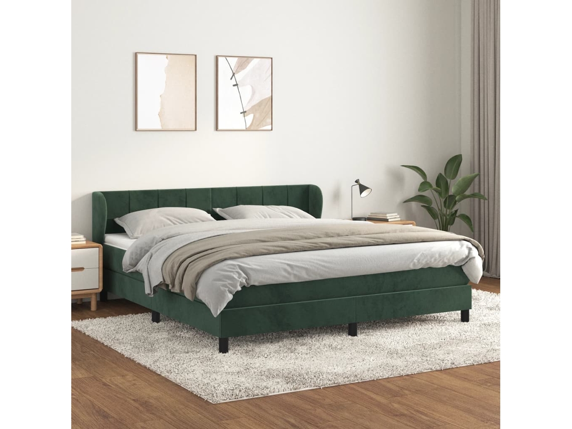 Cama Box Spring Con Colchón Terciopelo Verde Oscuro 180x200 Cm