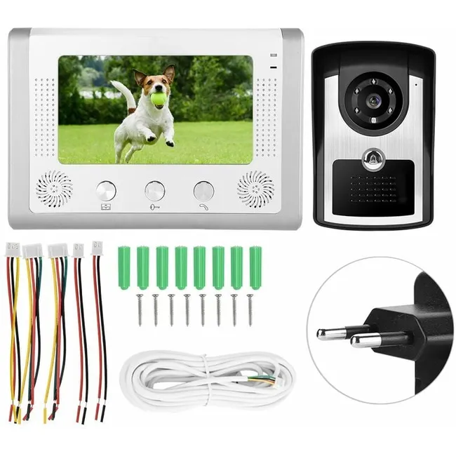 Videoportero XVX de 7 pulgadas con cable, resistente al agua, con timbre, cámara y monitor infrarrojo, intercomunicador, enchufe europeo de 110-240 V.