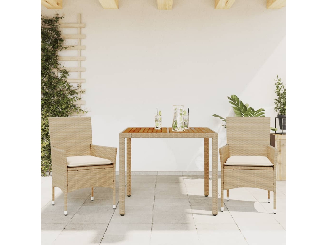 3 Pcs Conjunto Jantar Jardim C/ Almofadões Vime Pe/ Acácia Beige Dkd Decoración Del Hogar