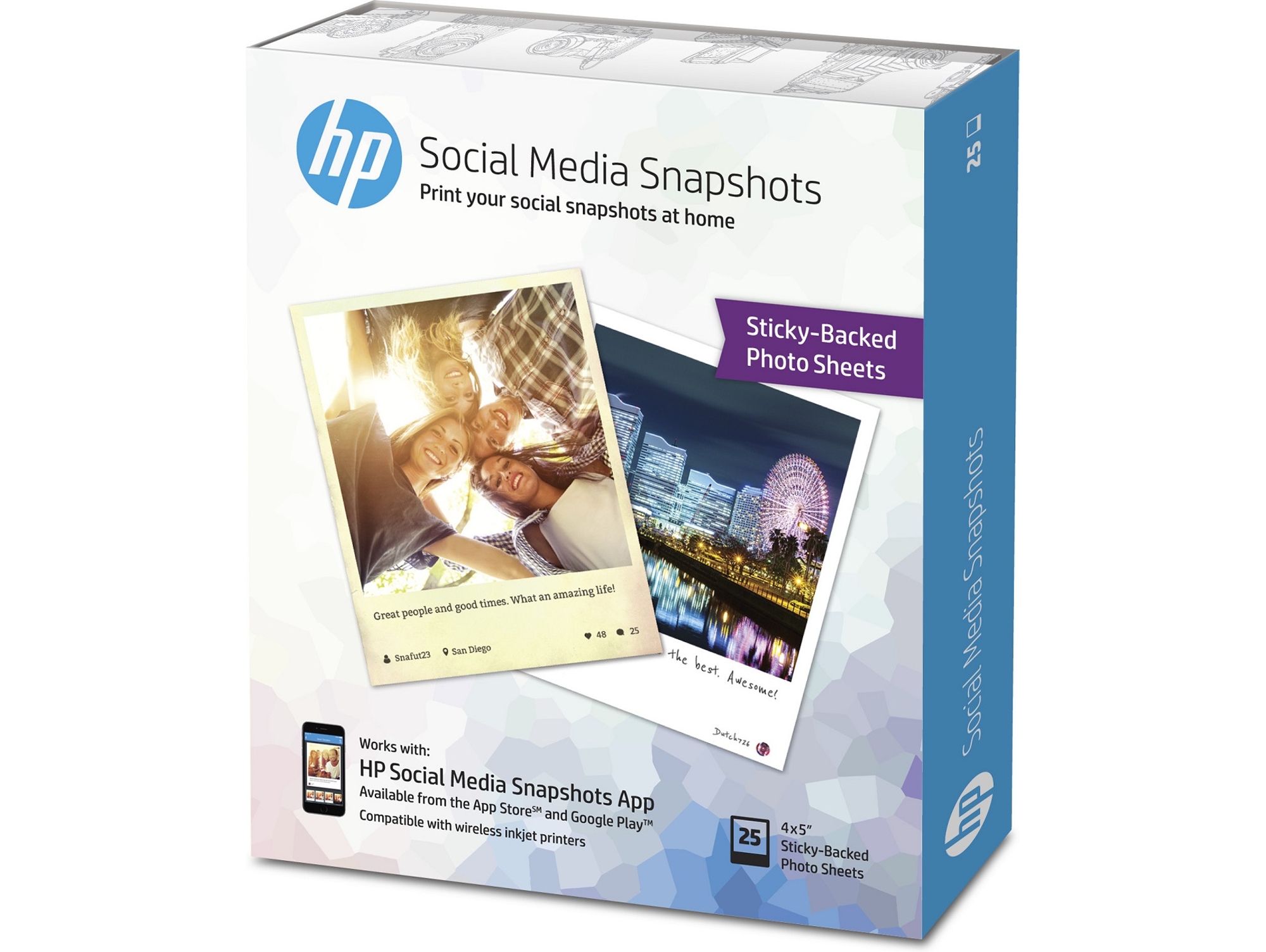 Papel fotográfico HP 25 hojas de 10 x 13 cm  adhesivo para HP Social Media Snapshots (W2G60A)