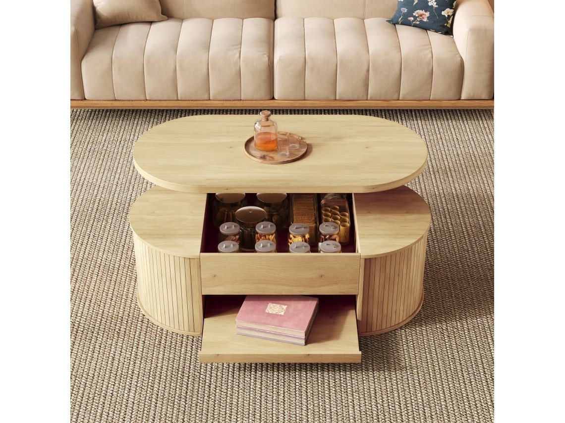 Mesa De Centro Elevable - Con Laterales De Madera Curvados, Estante Extensible, Diseño Multifuncional - Color Madera