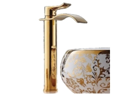 Grifo de baño, acabado dorado, diseño cascada, dorado alto
