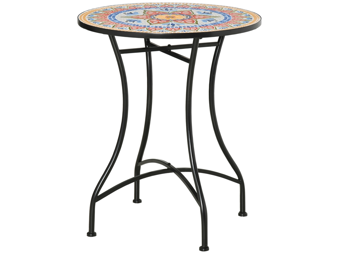 Mesa De Cerámica Y Metal Con Mosaico, Roja, Azul Y Blanca, Ø60 Cm.
