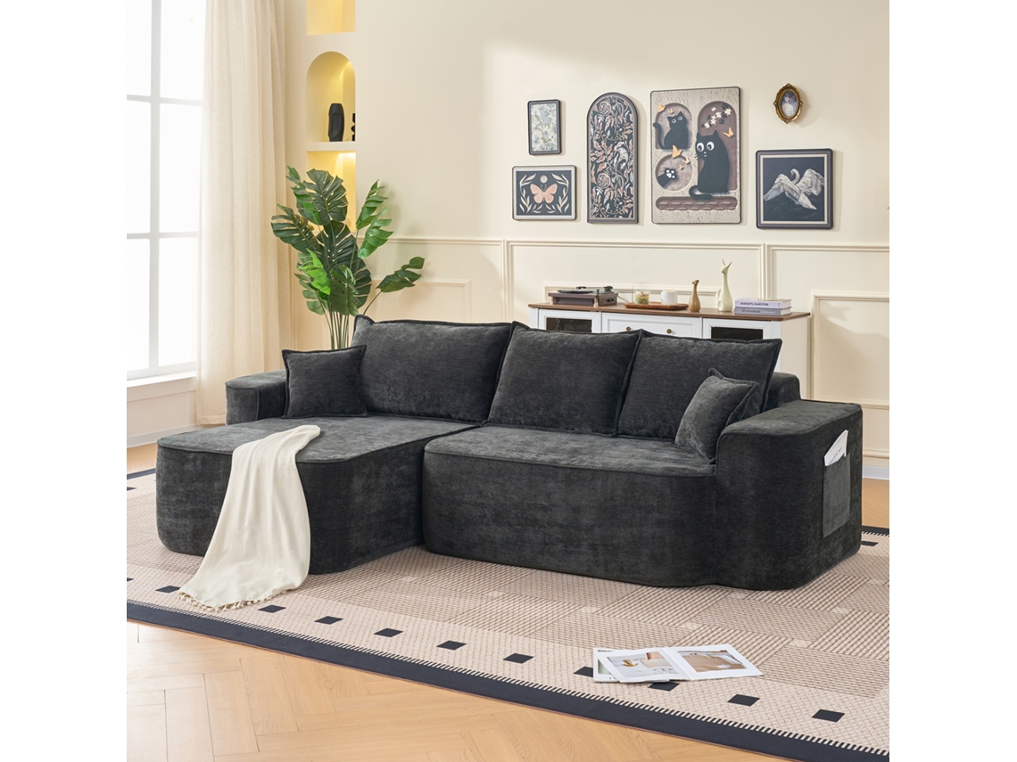 Sofá esquinero en forma de L, 264 cm, Chaise Longue, 4 plazas, asiento profundo, negro, Mobrio