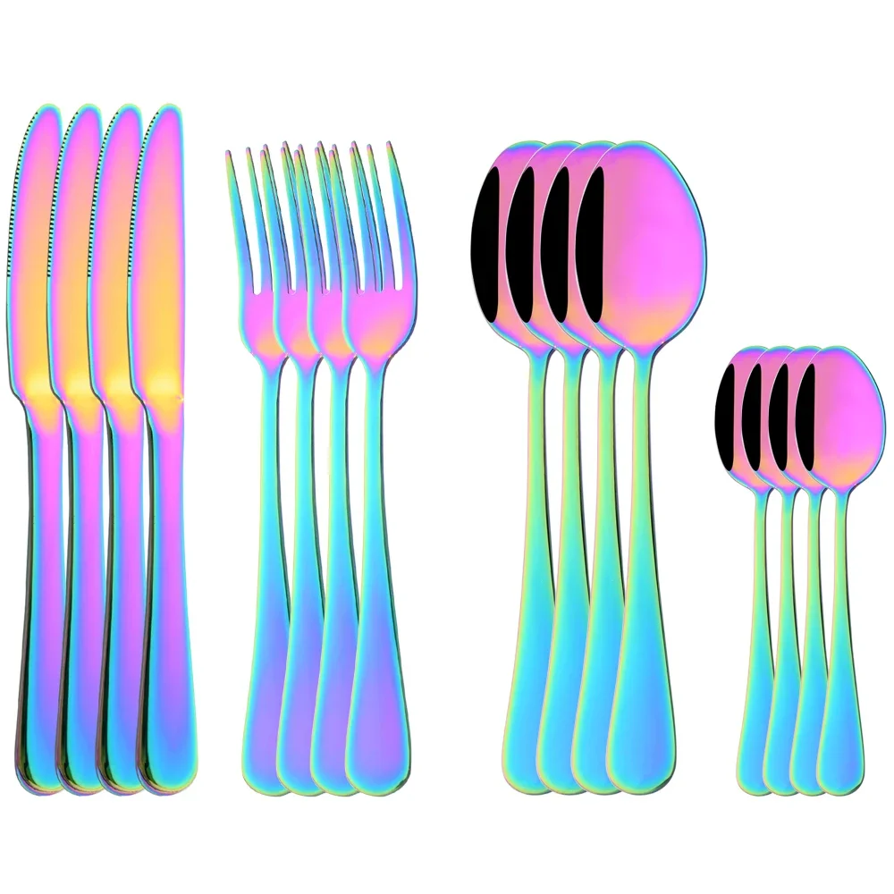 (juego De 16 Piezas De Colores) Cubiertos De Acero Inoxidable Pulidos A Espejo, Incluye Cuchillo, Tenedor Y Cuchara.