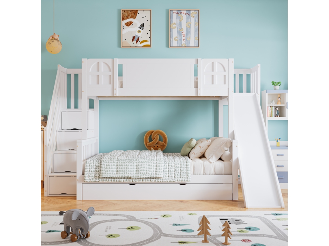 Litera infantil de 90 x 200 cm con ventana y cajones con ruedas, color blanco