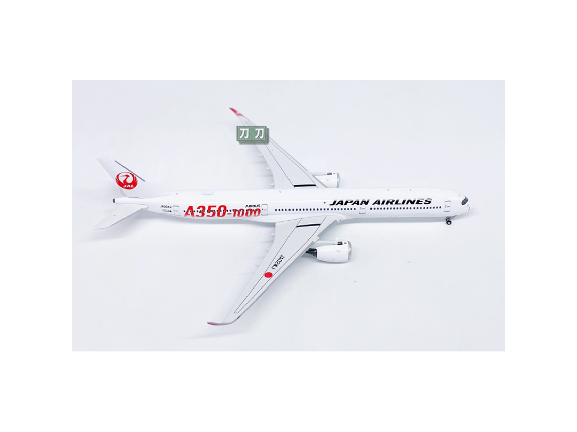 Maqueta del avión Japan Airlines A350 1000 JA02WJ a escala 1/400, fabricado en metal troquelado.