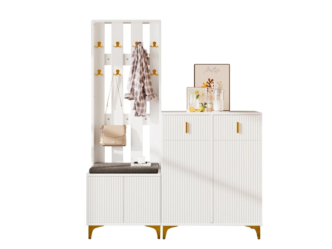 Conjunto de armario con banco y cojín para zapatos, ganchos, zapatero con cajones, CQY-blanco